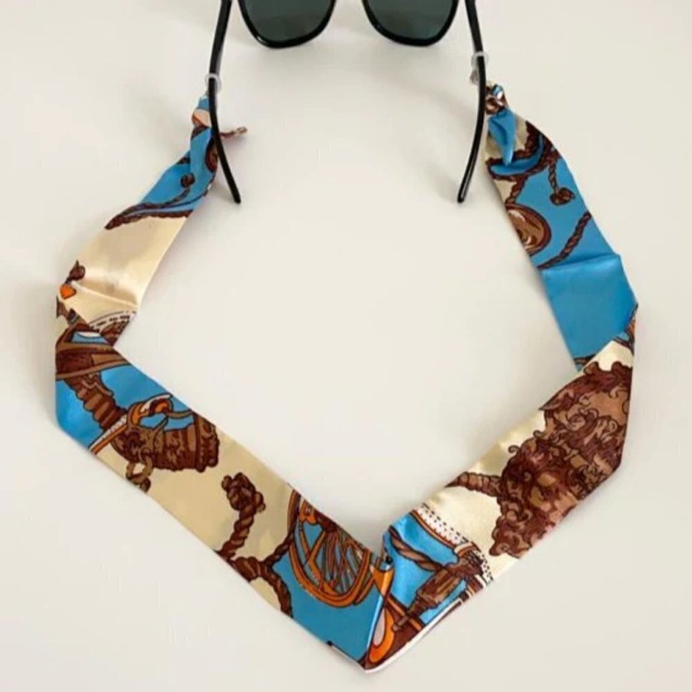Silk Sunglass Strap in Blue, Cream and Brown Print
